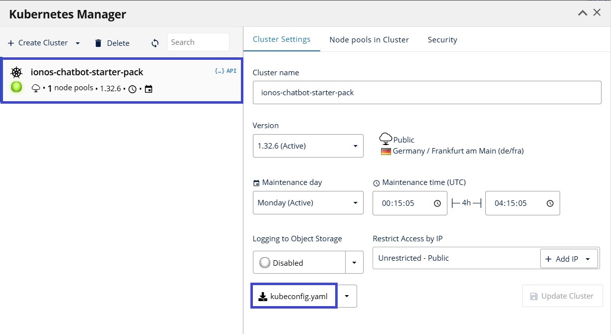 Download kubeconfig from Cluster Settings