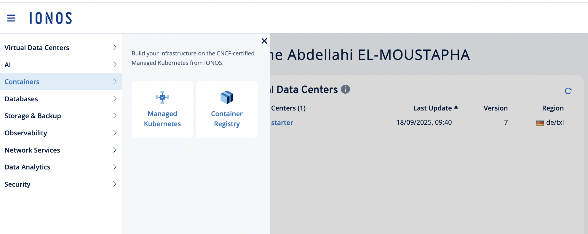Containers section – open Container Registry