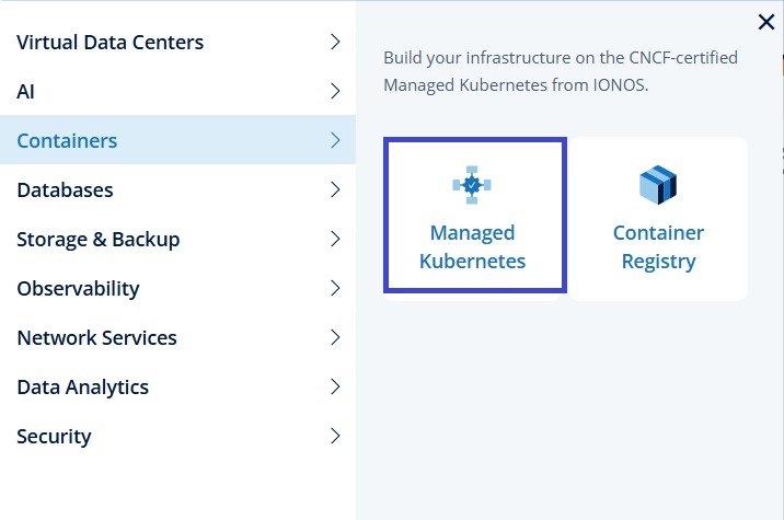 Containers Menu – select Managed Kubernetes